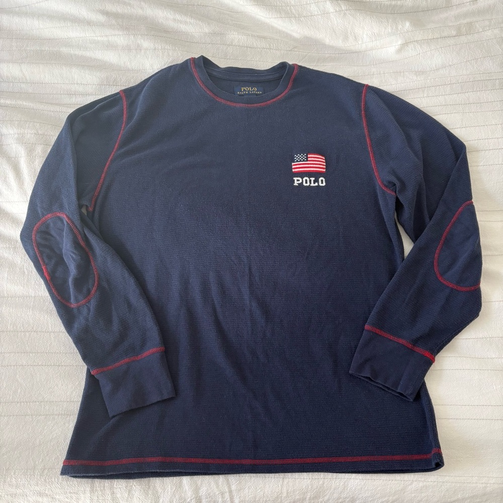 Polo Ralph Lauren Sleepwear Navy Flannel‎ Long Sleeve Shirt USA Flag Size Large